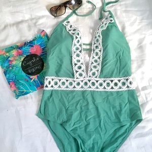 Cupshe Aqua Plunge Lace one-piece, NWT